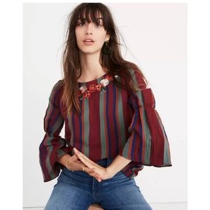 Madewell Embroidered Pleat-Sleeve Top in Rosalinda Stripe
